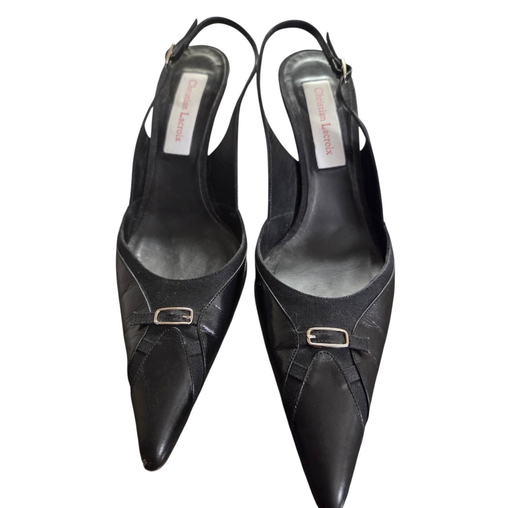 Vintage Christian Lacroix Black Leather Slingback Heels Pointed Toe Italy Sz40.5